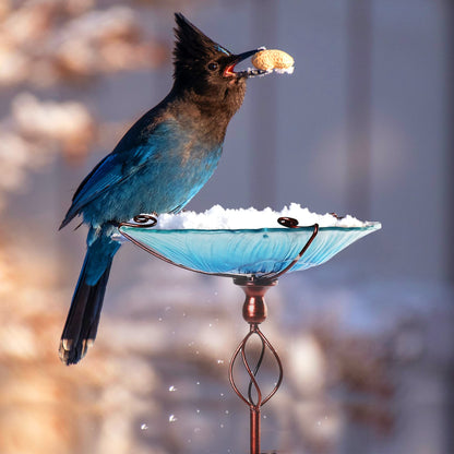 LotFancy Glass Bird Bath, 35” Height Birdbaths for Outdoor Garden Clearance, with Metal Stake, Blue Flower