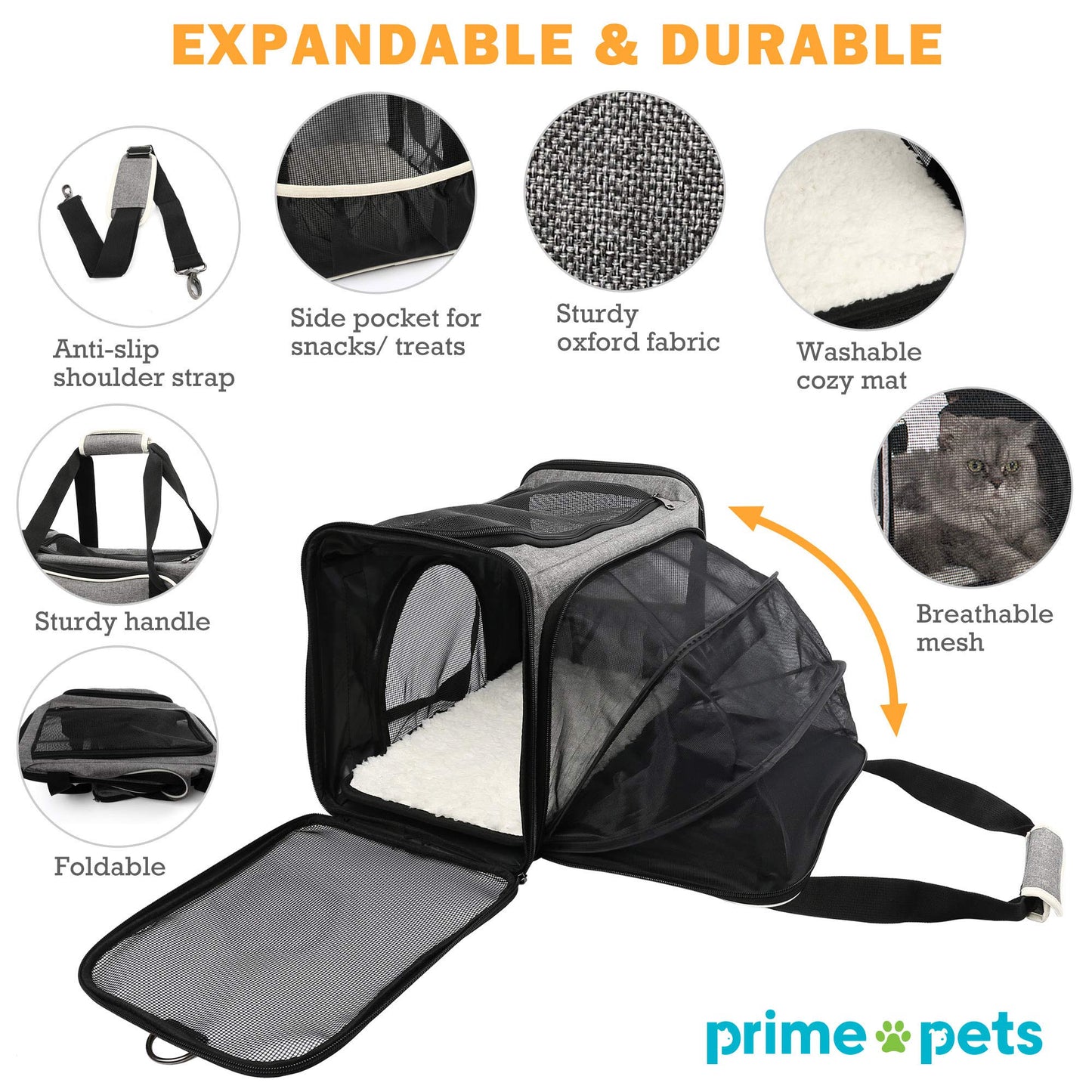 Prime Pets Cat Carrier, TSA Airline Approved Pet Carrier Bag for Small Dogs, Puppies, Kittens, Expandable Soft Sided Cat Carrying Case for Travel, Collapsible, Foldable, Gray