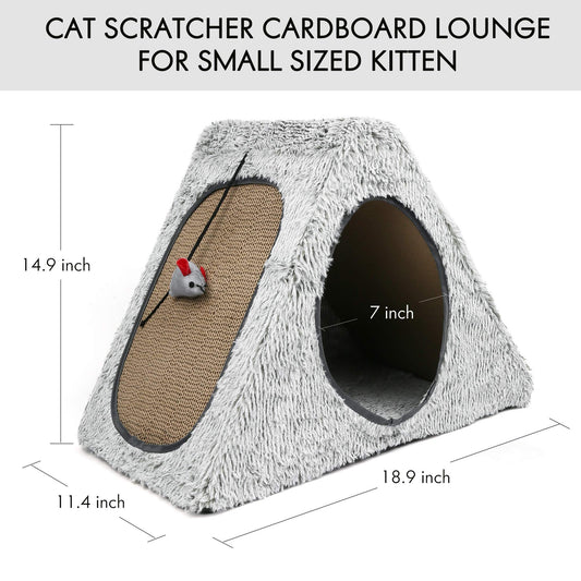 Cat Scratcher Cardboard House Condo, Removable Cat Scratcher Pads with Mouse Toy & Catnip, Reversible Panel Vertical Foldable Cat Scratching Lounger, Recycle Corrugated Board