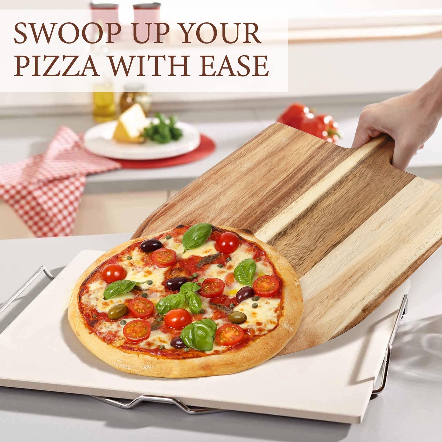 LotFancy Pizza Peel 12 inch, Acacia Wood Pizza Spatula Paddle, Pizza Cutting Board with Handle, 17”L x 12”W, Tapered Serving Tray for Charcuterie Cheese