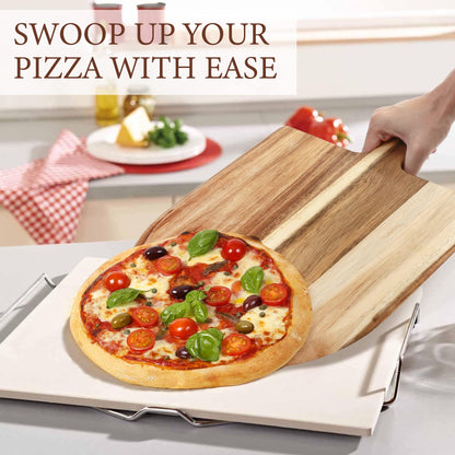 LotFancy Pizza Peel 12 inch, Acacia Wood Pizza Spatula Paddle, Pizza Cutting Board with Handle, 17”L x 12”W, Tapered Serving Tray for Charcuterie Cheese