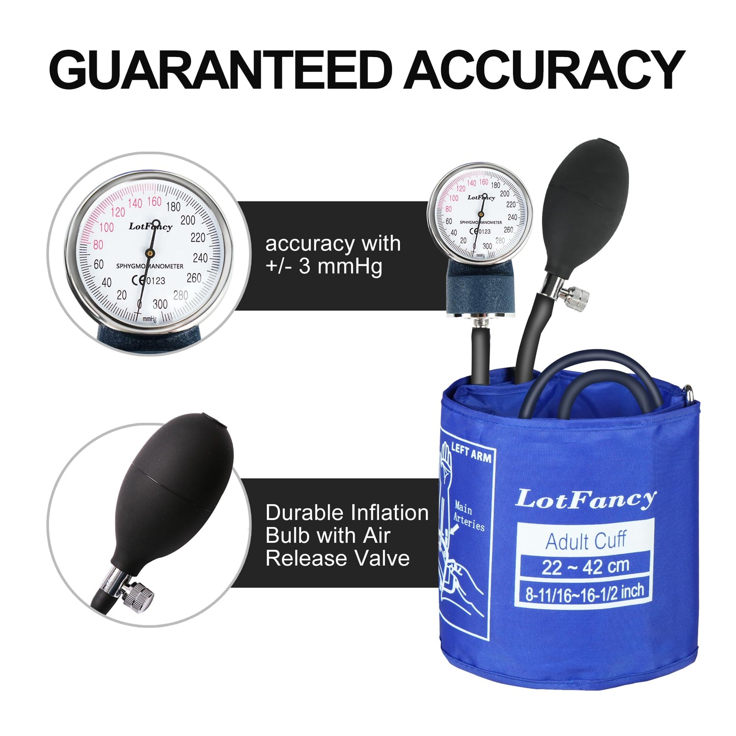 LotFancy Manual Aneroid Sphygmomanometer, Professional Manual Blood Pressure Monitor, 8.7''-16.5'', Adult & Pediatric Child BP Cuff, with Zipper Case, Blue