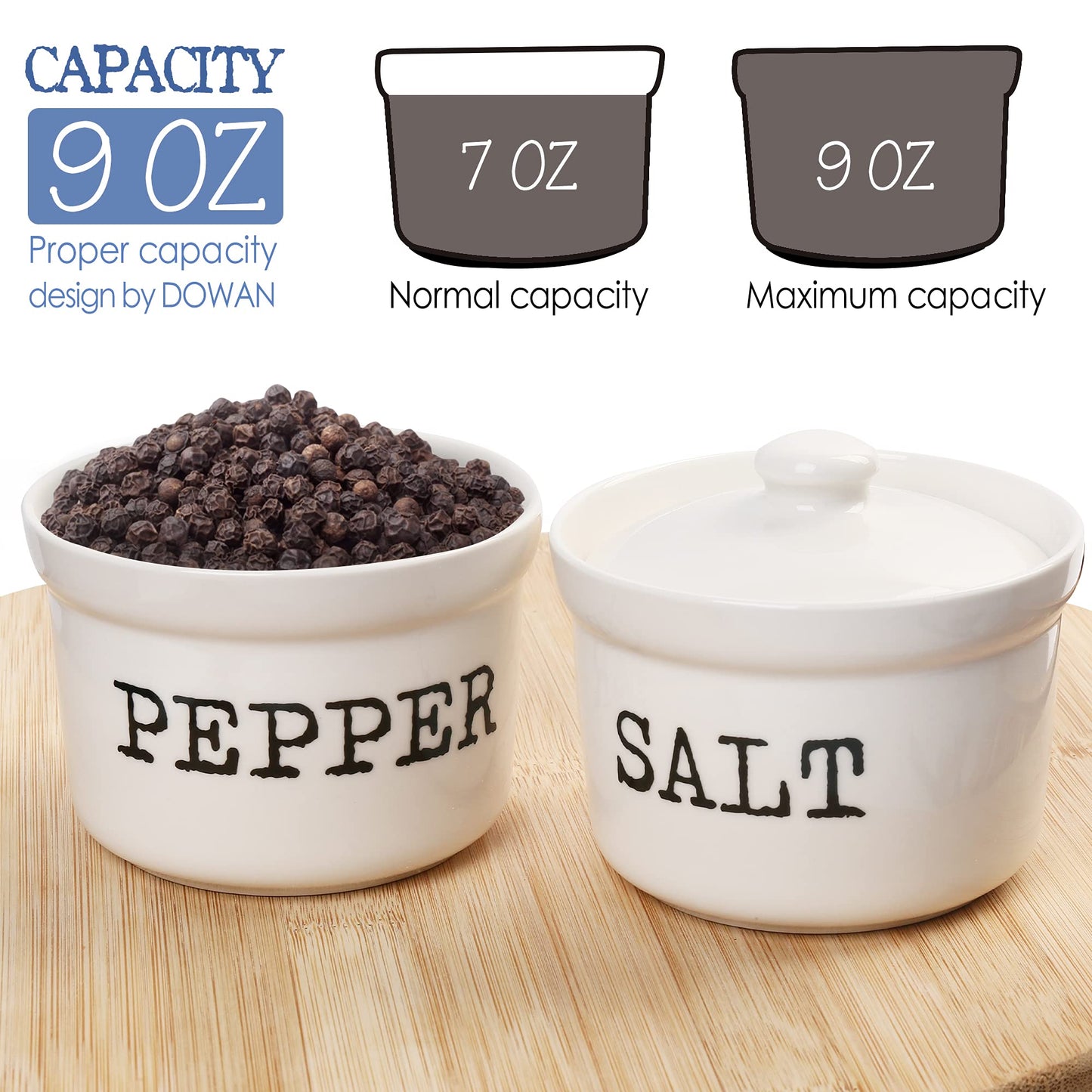 LotFancy 2 In 1 Salt and Pepper Bowls, 9 Oz Salt Pepper Holder with Lids, White Ceramic Container