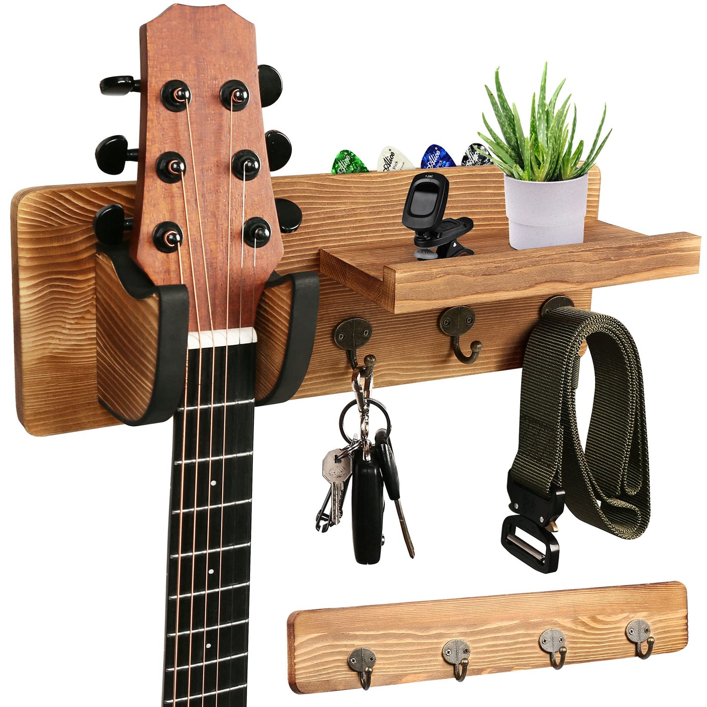 LotFancy Guitar Wall Wood Hanger Holder Mount with Pick Holder and 3 Hooks,Bonus a Wooden Board with 4 Hooks