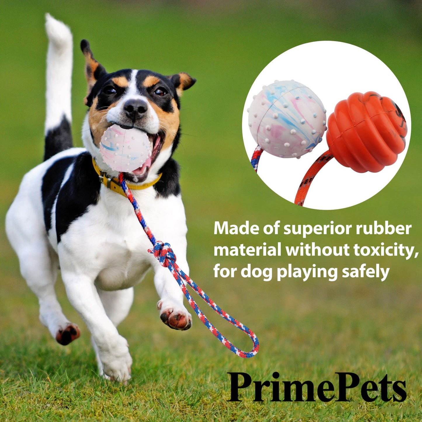 Prime Pets Dog Training Ball on Rope, 2 Pcs Solid Rubber Rope Ball, Tug Ball Toy for Medium and Small Dog, Tough Rope Toy, Non-Toxic and Durable Dog Toys