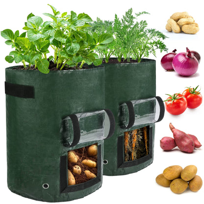 LotFancy Potato Grow Bags, 2 Pack, 10 Gallon Garden Plant Containers with Transparent Flap Window,Handles, PE Planter Pots for Vegetable, Carrot, Tomato, Onion, Dark Green