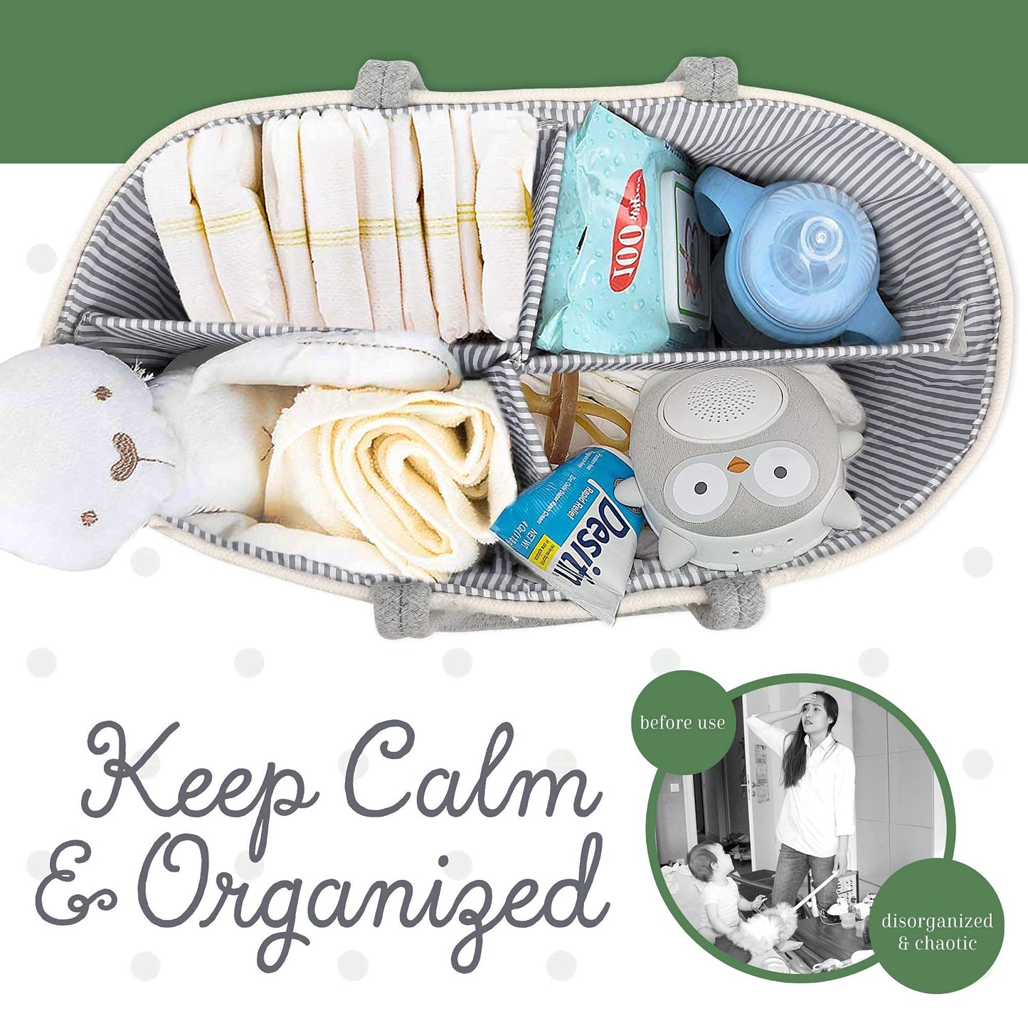 LotFancy Baby Diaper Caddy Organizer, 5 Baby Bibs, Cotton Rope Nursery Storage Bin for Changing Table and Car, Baby Shower Basket for Boys Girls