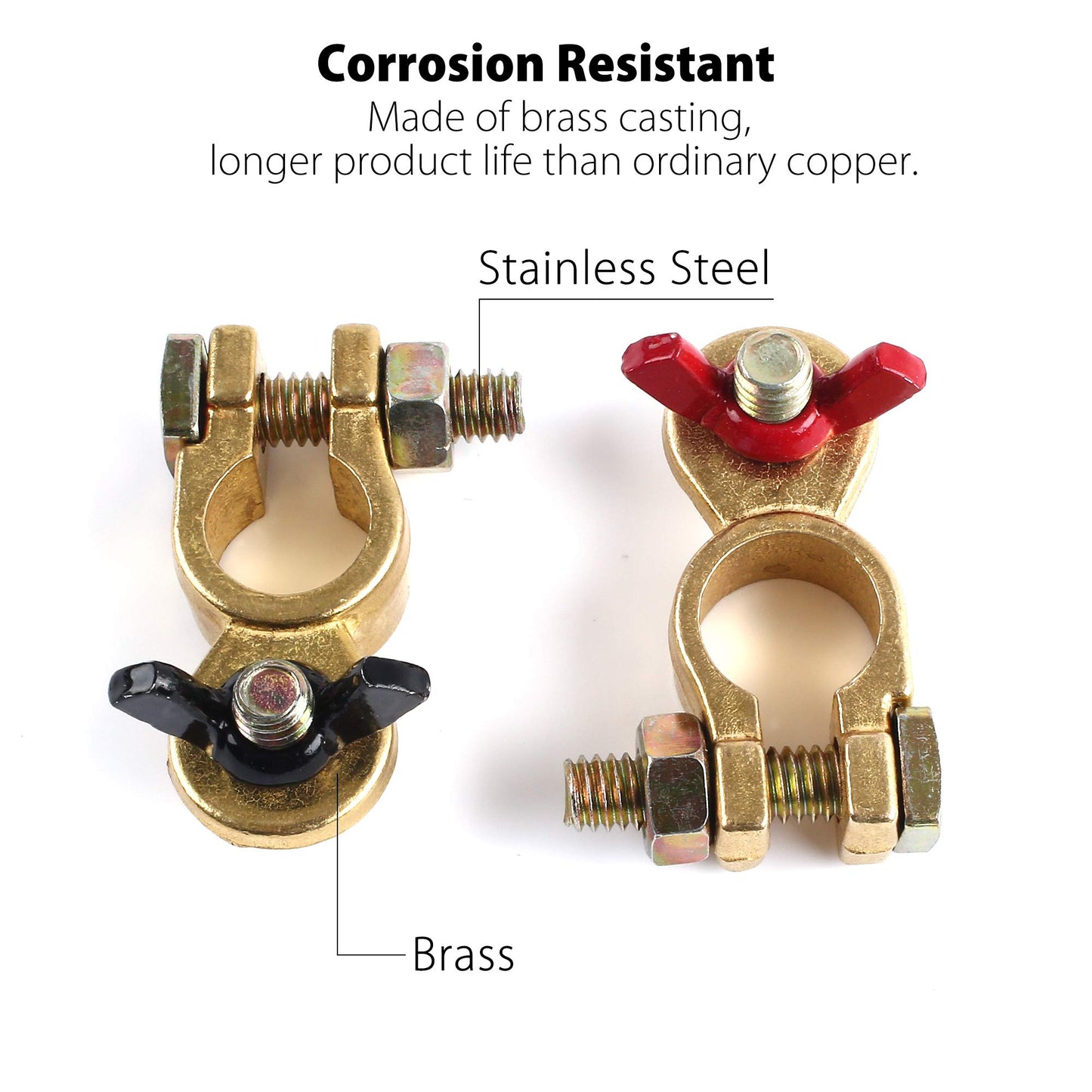 LotFancy Brass Battery Terminal Connectors with Wing Nut, 2Pcs Positive & Negative Marine Battery Terminal Clamps for Boat Car Truck Van RV, Corrosion Resistant, Max Current 300A
