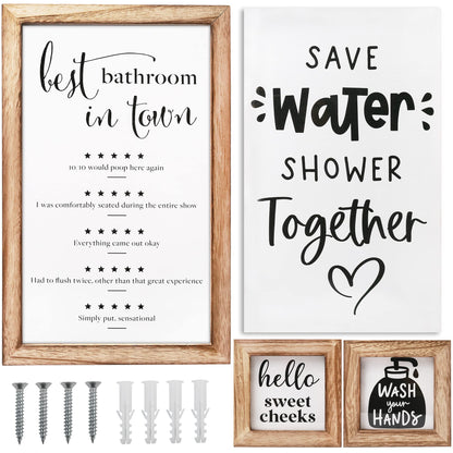 LotFancy Funny Bathroom Sign Decor, Farmhouse Bathroom Wall Decoration, Set of 3, Wooden Picture Frames Wall Art Prints with Interchangeable Sayings, Guest Bathroom Rules Sign