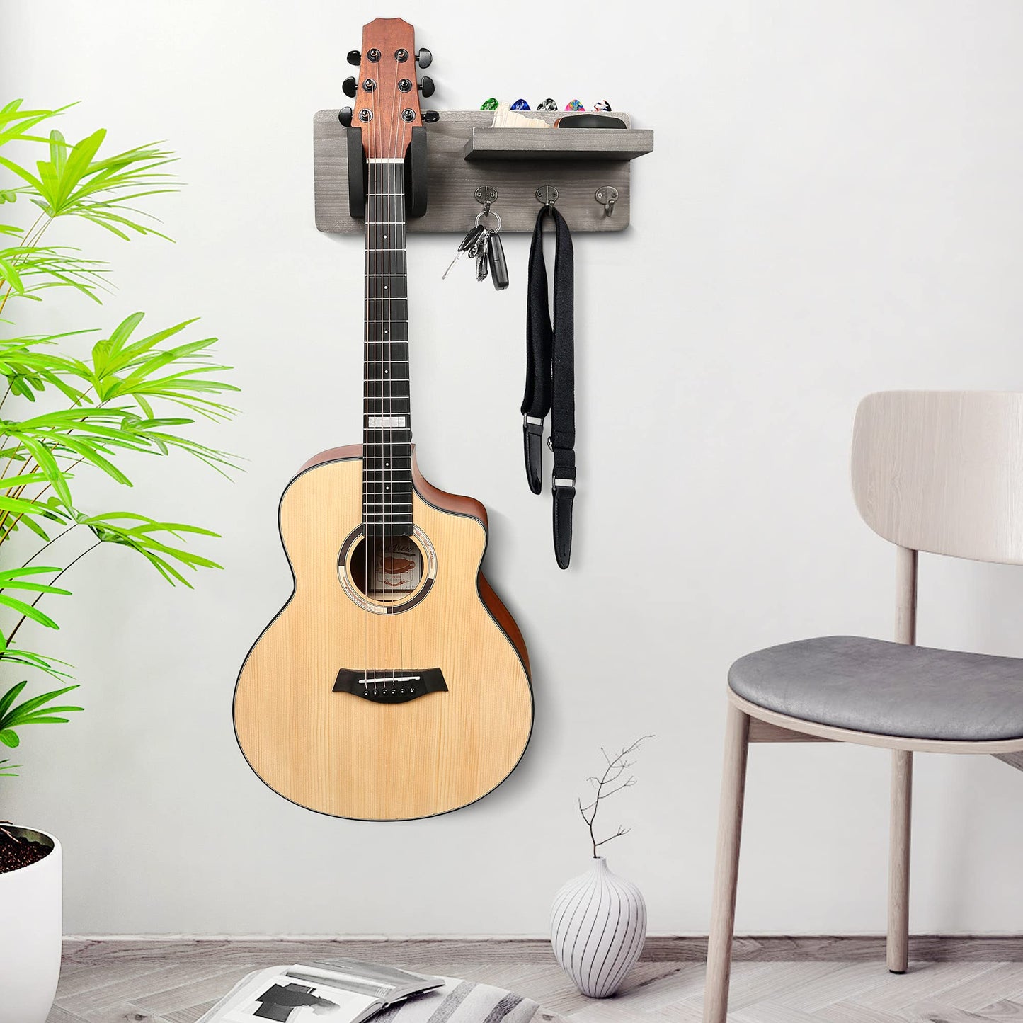 LotFancy Guitar Wall Wood Hanger Holder Mount with Pick Holder and 3 Hooks,Bonus a Wooden Board with 4 Hooks