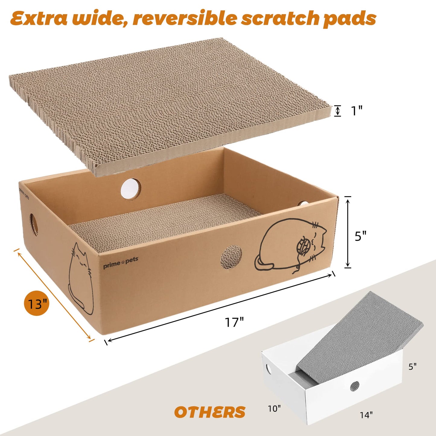 Prime Pets Wide Cat Scratch Pad with Box, 5 Pack, XL, Reversible Scratcher Cardboard for Indoor Cats, 17x13x5'' Kitty Bed Scratching Board, Convenient Replacement Hole Design