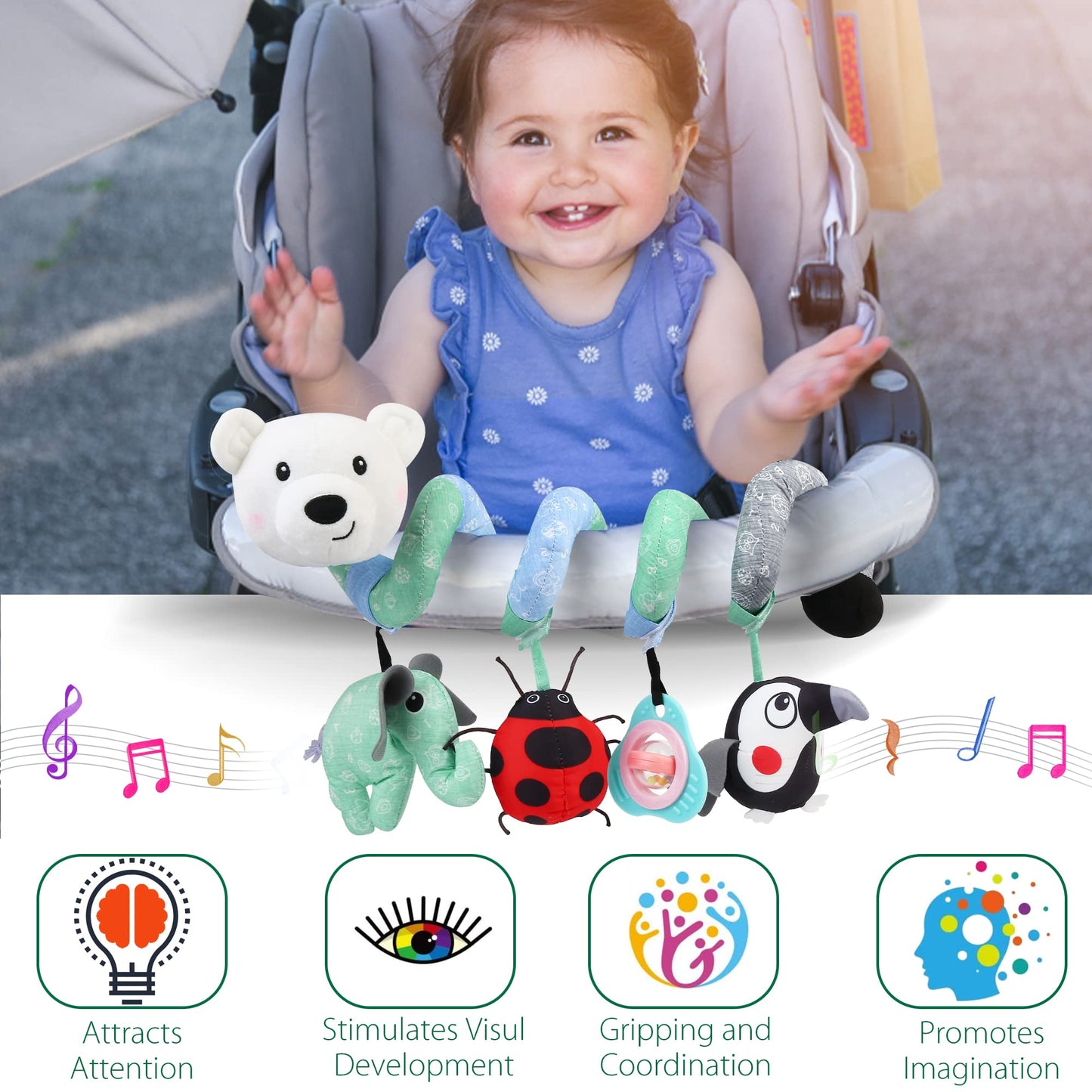 LotFancy Baby Car Seat Toys, Infant Hanging Stroller Toys for Carseat Crib Bar Bassinet, Newborn Activity Spiral Plush Toys with Music BB Squeaker Rattles for 0 3 6 9 12 Months