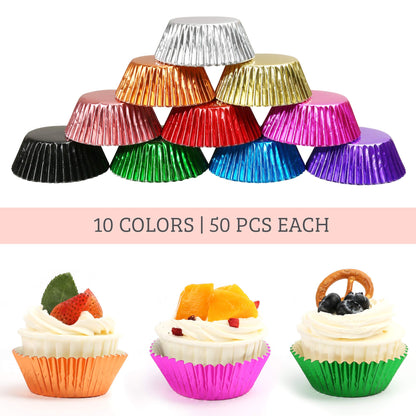 LotFancy Foil Cupcake Liners, 500pc Standard Size Muffin Liners, Metallic Cupcake Wrappers, Disposable Baking Cups Paper for Wedding, Birthday, Party, Baby Shower Boy Girl, 10 Colors