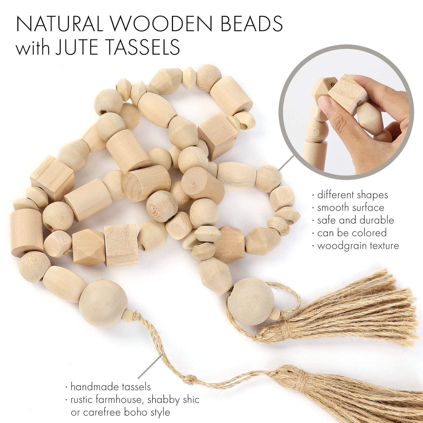 LotFancy Natural Wooden Bead Garland with Tassel, 60in / 5ft, Modern Farmhouse Boho Bead String for Décor, Various Shapes Design, for Home Wall Shelf Coffee Table
