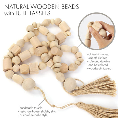 LotFancy Natural Wooden Bead Garland with Tassel, 60in / 5ft, Modern Farmhouse Boho Bead String for Décor, Various Shapes Design, for Home Wall Shelf Coffee Table