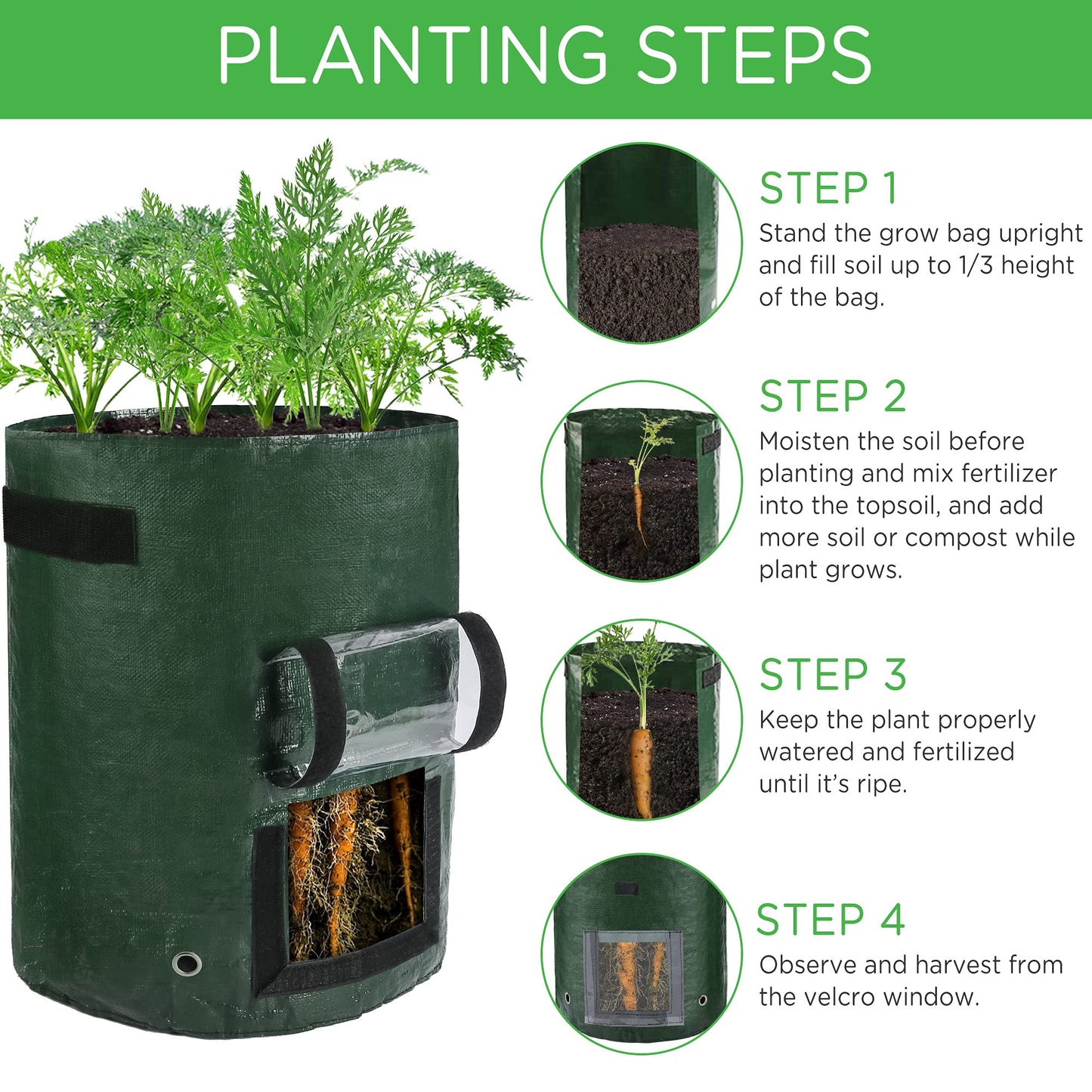 LotFancy Potato Grow Bags, 2 Pack, 10 Gallon Garden Plant Containers with Transparent Flap Window,Handles, PE Planter Pots for Vegetable, Carrot, Tomato, Onion, Dark Green