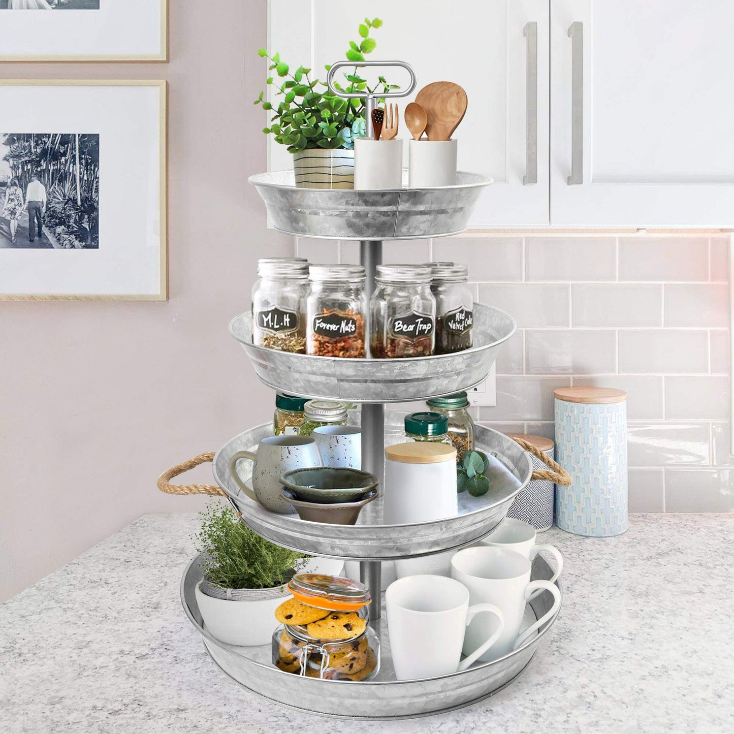 LotFancy 4 Tier Serving Tray, Galvanized Stand with Handles, Farmhouse Style Metal Tiered Tray, Rustic Home Décor for Cupcake, Kitchen, Bathroom, Indoor, Outdoor Party, Also as 3 Tier Serving Tray