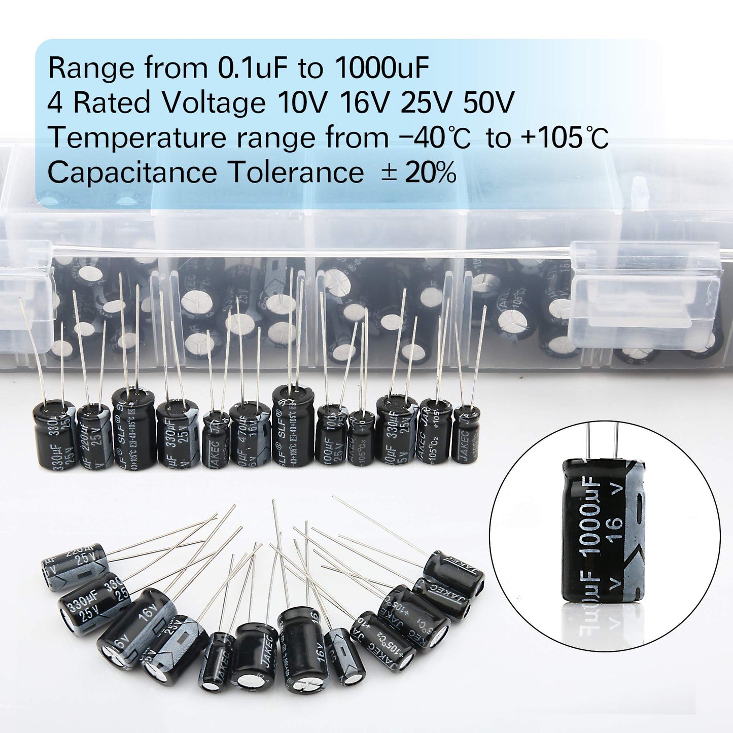 LotFancy 500Pcs 24 Values Electrolytic Capacitor Kit Range 0.1uF-1000uF, 10V 16V 25V 50V Aluminum Electrolytic Capacitor with Storage Box for Tinker