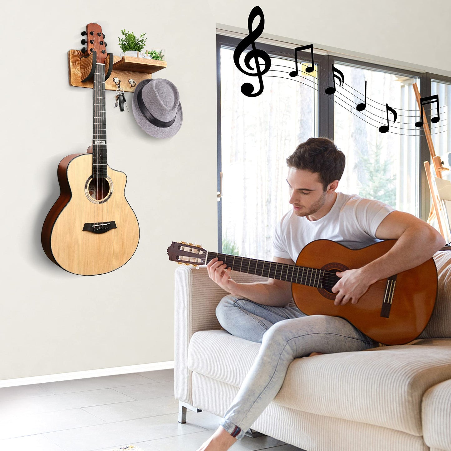 LotFancy Guitar Wall Wood Hanger Holder Mount with Pick Holder and 3 Hooks,Bonus a Wooden Board with 4 Hooks