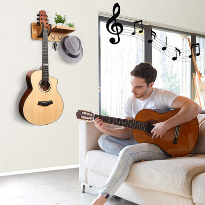 LotFancy Guitar Wall Wood Hanger Holder Mount with Pick Holder and 3 Hooks,Bonus a Wooden Board with 4 Hooks