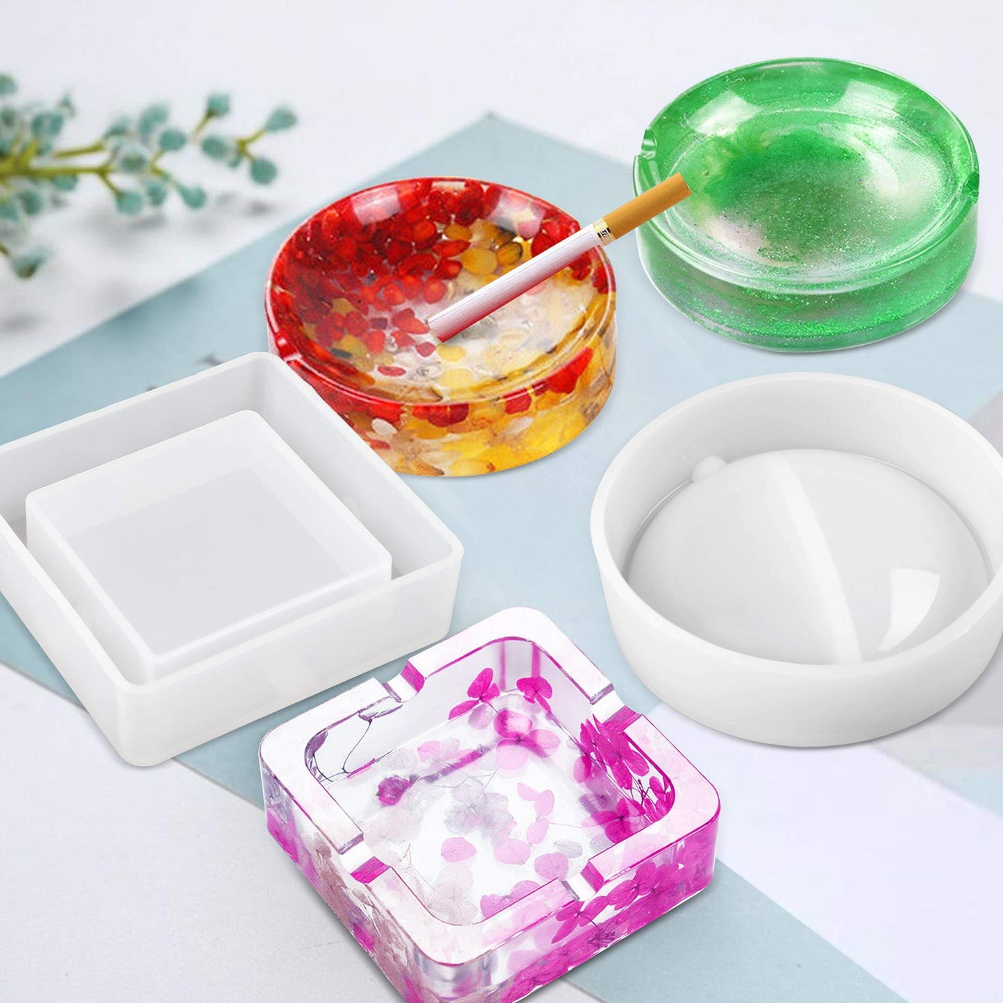 LotFancy Epoxy Resin Molds, Ashtray Molds for Resin Casting, DIY Art Silicone Plant Pot Pen Candle Holder Molds, with Artificial Stones, Glitter Sequins