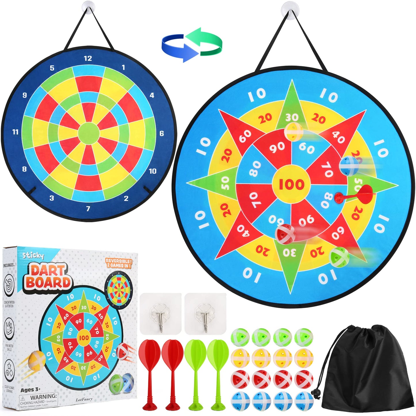 LotFancy Dart Board for Kids, 26" Double Sided Dart Board Game with 16 Sticky Balls 4 Darts 2 Hooks, Indoor Outdoor Sports Party Games Toys, Gifts for 3 4 5 6 7 8 9 10 11 12 Year Old Boys Girls