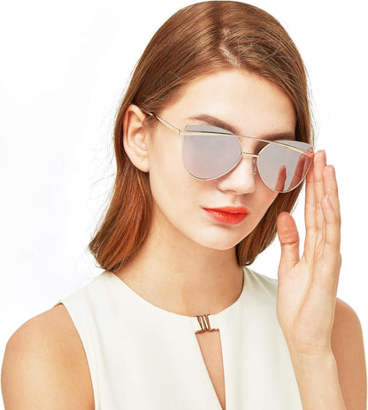 LotFancy Women Sunglasses, with Case, Vintage Cateye Sunglasses for Small Faces, Mirrored Lens, UV Protection