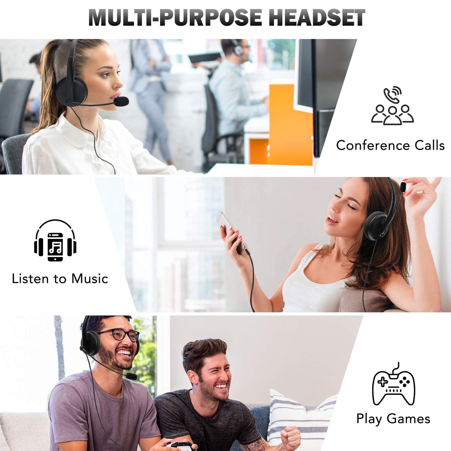 LotFancy USB Headset, Corded PC Headphone with Noise Cancelling Microphone, Connect to Mobile Phone/Computer/Laptop, for Work, Gaming, 3.5mm / USB