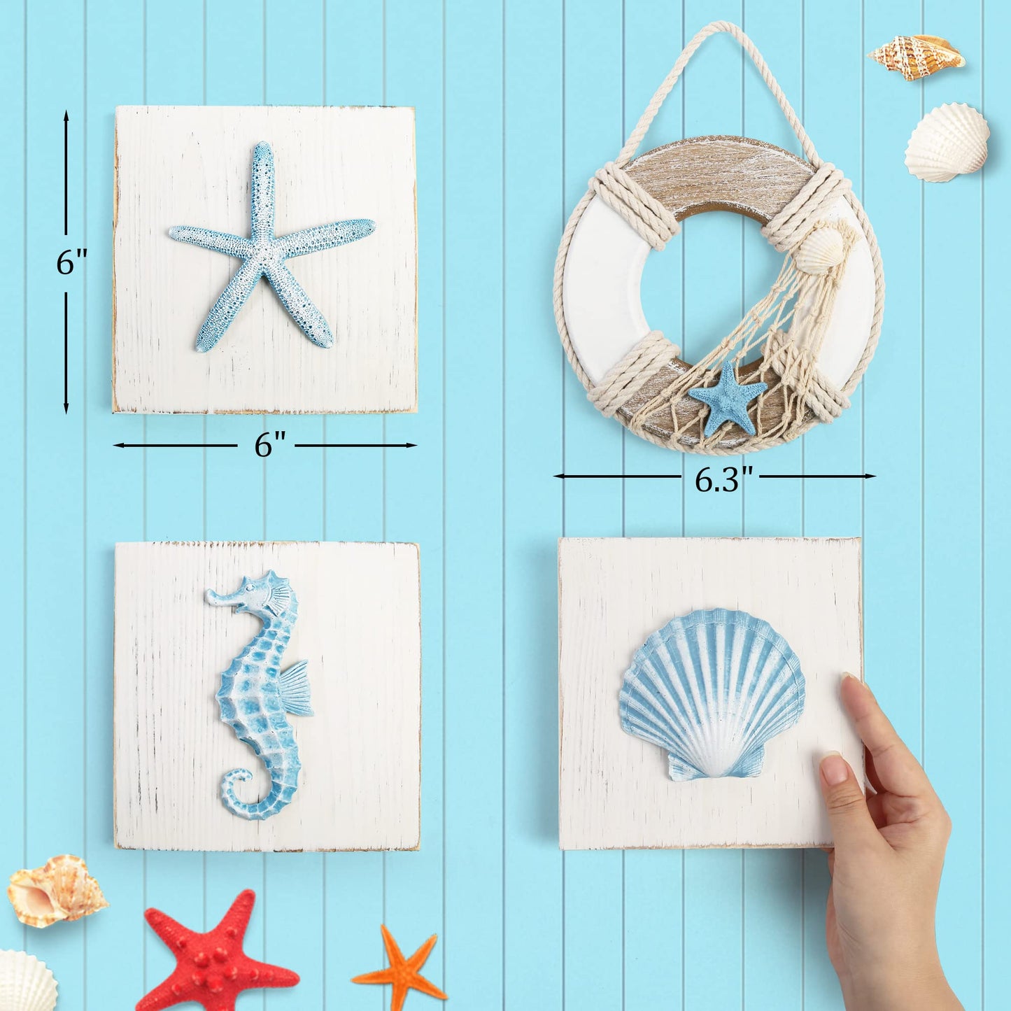 LotFancy Beach Wall Décor, 4 Pack, 3D Seashell, Starfish, Seahorse and Lifesaver Buoy Decorations on Wood Board, Rustic Ocean Coastal Themed Wall Art for Bathroom, Living Room, Bedroom (6“ x 6“)