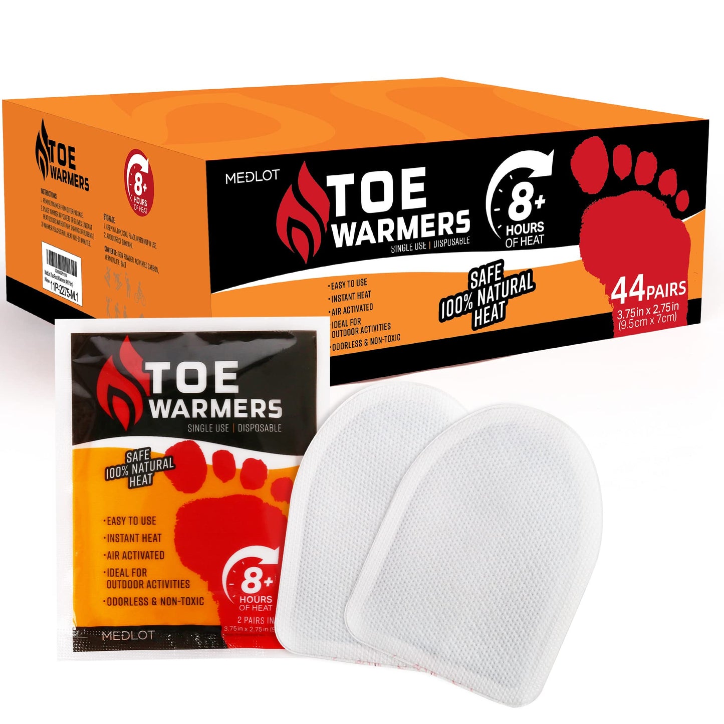 MEDLOT Toe Feet Warmers, 22/44 Pairs, Air-Activated Adhesive Warmers for Shoes and Boots-with Long-Lasting Heat Warmth