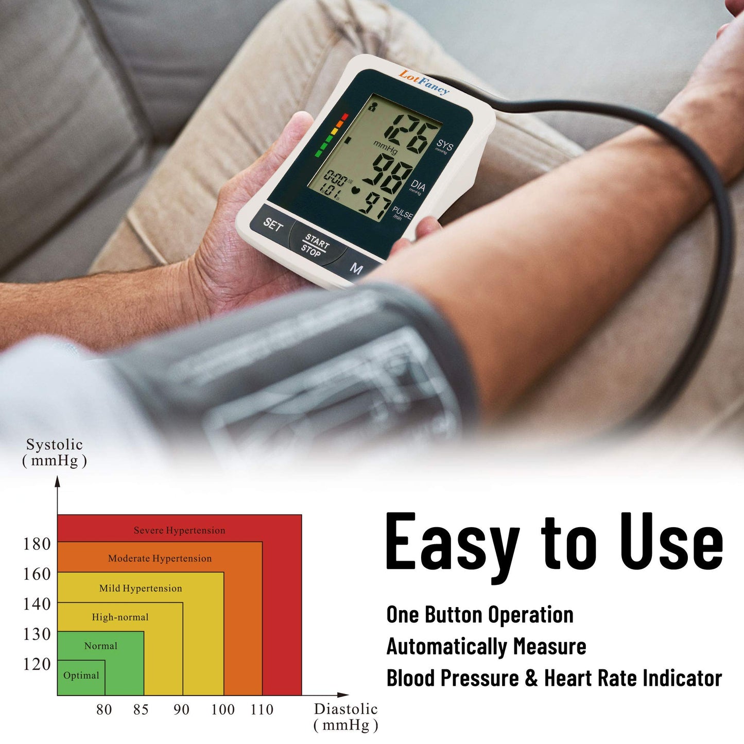 LotFancy Blood Pressure Monitor Upper Arm, Accurate Adjustable Digital BP Machine, Upper Arm Cuff, 2 Users, 120 Reading Memory, BP Meter with Large Screen for Home Use