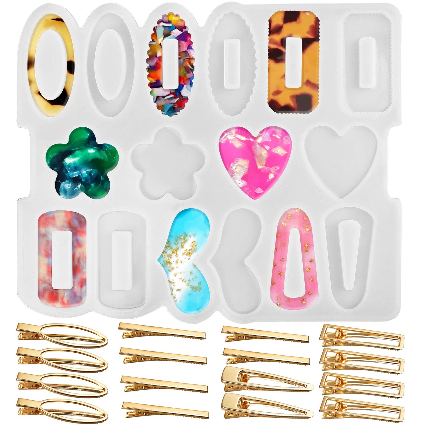 LotFancy Epoxy Resin Molds, Hair Clip Silicone Molds for Resin Casting, with 16pc Hair Barrettes, DIY Crafts Resin Hair Pin Pendant Keychain Jewelry Making Kit