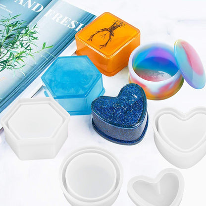 LotFancy Epoxy Resin Molds for Jewelry Box with Lid, Round Hexagon Square Heart Shaped Storage Box Molds for Resin Casting, DIY Art Silicone Molds Kit, with Letter Stickers