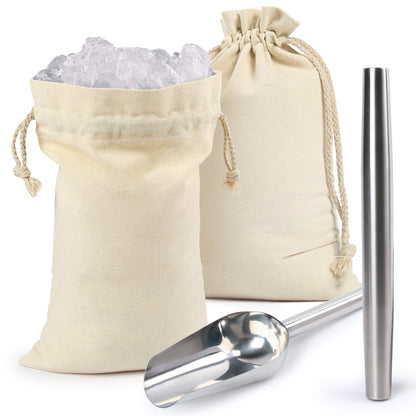 LotFancy 2pc Bartender Crushed Canvas Ice Bag, 1pc Muddler Mallet for Crushing Ice, 1pc Stainless Steel Ice Scoop for Mojitos, Mojitos Cocktails, Party, Home, Kitchen Accessory