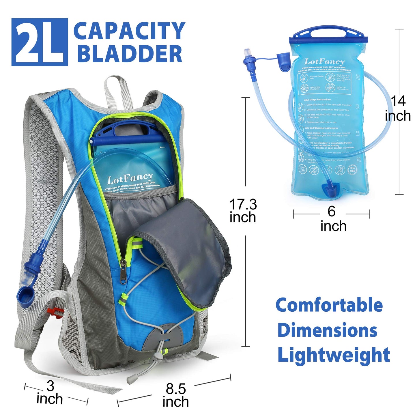 LotFancy Hydration Backpack with 2L Bladder (BPA Free), Leakproof Camel Backpack for Running Cycling Hiking Climbing Race Festival Skiing Walking, Water Hydration Pack for Women Men Kids