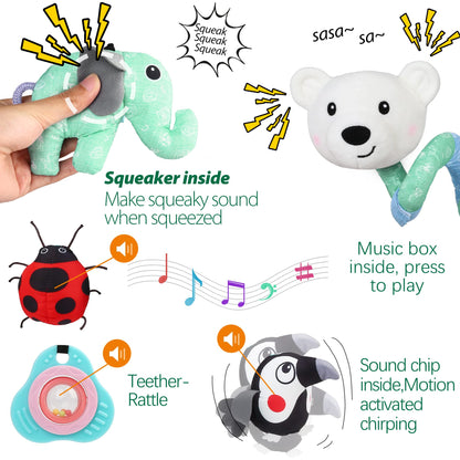 LotFancy Baby Car Seat Toys, Infant Hanging Stroller Toys for Carseat Crib Bar Bassinet, Newborn Activity Spiral Plush Toys with Music BB Squeaker Rattles for 0 3 6 9 12 Months