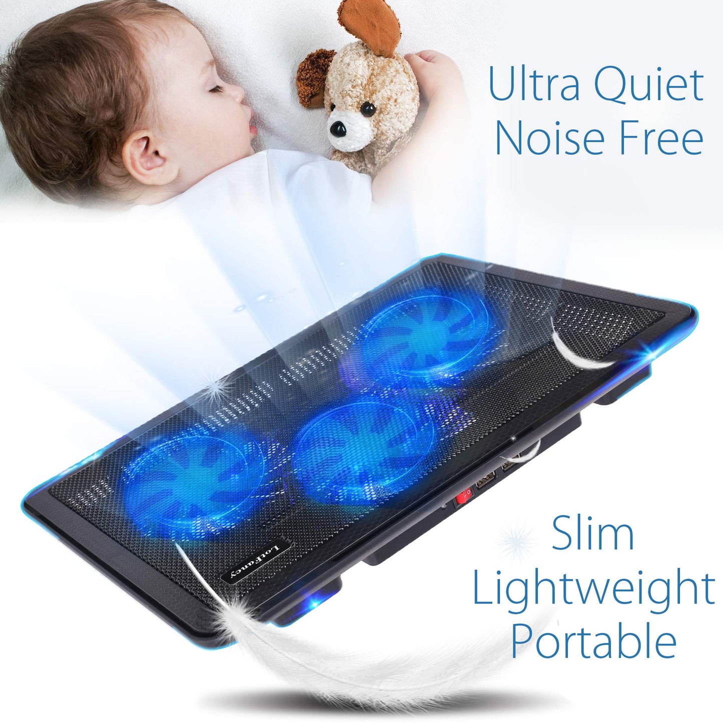 LotFancy Laptop Fan Cooling Pad, Notebook Cooler for 13”-17” Laptop, Lap Chill Mat with 3 LED Quiet Fans, 2 USB Ports, Adjustable Stand, Portable & Quiet for Gaming, Working