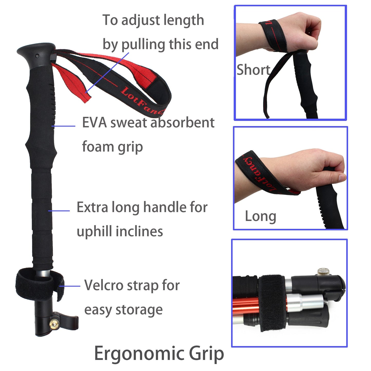 Trekking Pole for Women Men, LotFancy Collapsible Hiking Stick, Tungsten Steel Spike Tip, Extra Rubber Tips