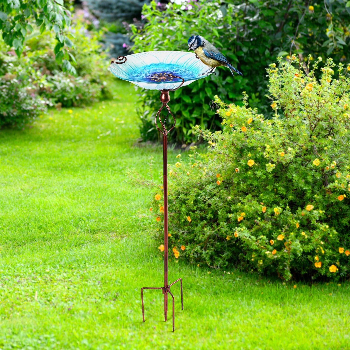 LotFancy Glass Bird Bath, 35” Height Birdbaths for Outdoor Garden Clearance, with Metal Stake, Blue Flower