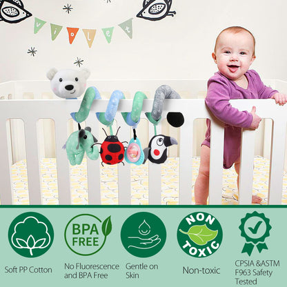 LotFancy Baby Car Seat Toys, Infant Hanging Stroller Toys for Carseat Crib Bar Bassinet, Newborn Activity Spiral Plush Toys with Music BB Squeaker Rattles for 0 3 6 9 12 Months