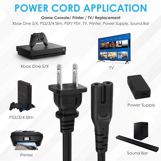 LotFancy Power Cord for Sony PS3 PS4 Slim PSP PSV Xbox One S/X Game Console, 6FT Cable, UL Listed, Universal Fit