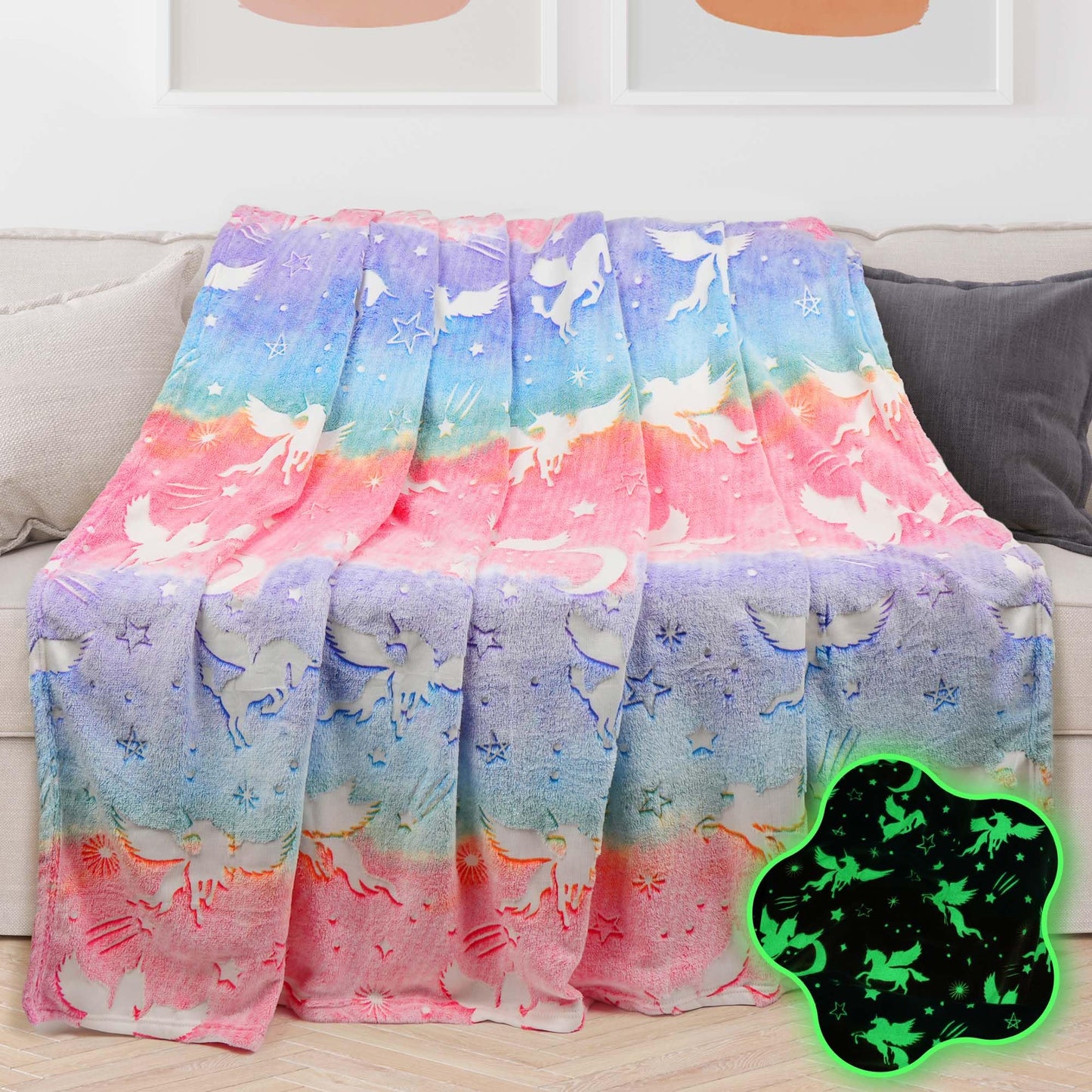 LotFancy Glow in The Dark Blanket, Unicorns Gifts for Girls Boys, Soft Luminous Kids Blankets for Birthday, 60 x 50in