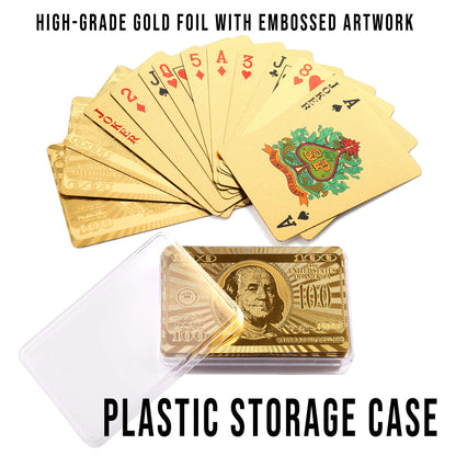 24K Gold Foil Playing Cards, 2 Decks of Cards with Boxes, Waterproof Plastic, Bridge Size Standard Index, for Cards Games, Magic Props