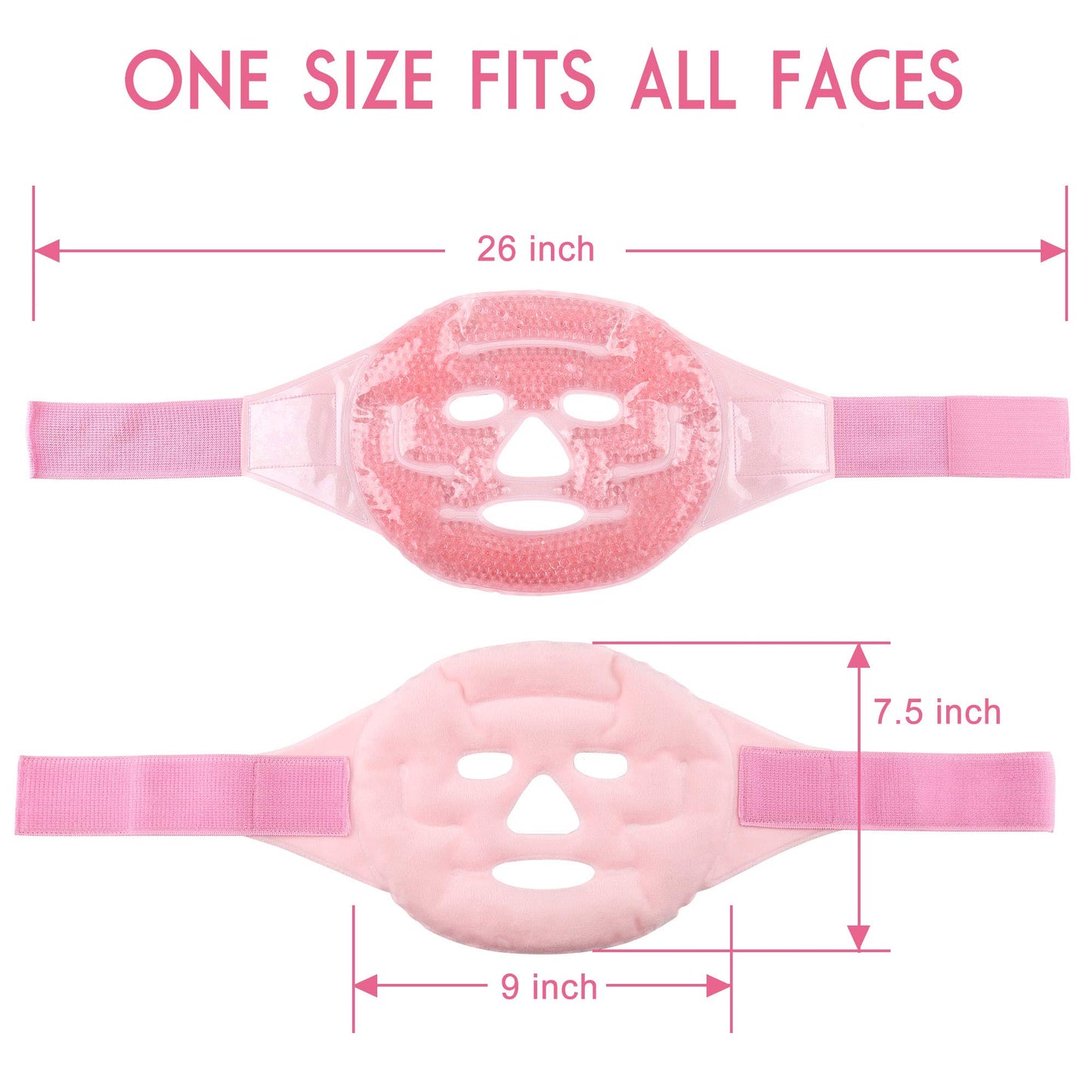 LotFancy Ice Face Mask, Gel Beads Ice Pack, Hot Cold Therapy for Full Face, Reduce Migraines, Headache, Stress, Puffy Eyes, Dark Circles, Adjustable Strap, Soft Fabric Backing, Reusable, Pink