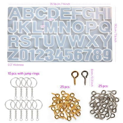 LotFancy Alphabet Molds for Resin Casting, 73pcs Keychain Epoxy Molds and Tools Set, Backwards Letter Number Silicone Mold, DIY Craft Pendant Making, with Glitter Sequins, Screw Eye Pins, Key Rings