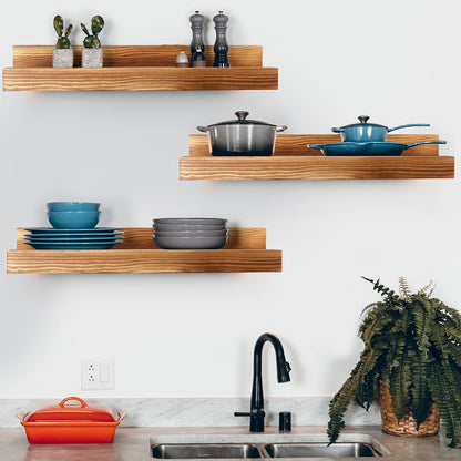 LotFancy Floating Shelves, 16 Inch, Set of 3, Wall Mounted Wood Shelves, Rustic Wall Shelf Picture Ledge for Bathroom, Living Room, Bedroom, Office, Kitchen, Bonus a Wooden Board with 4 Hooks