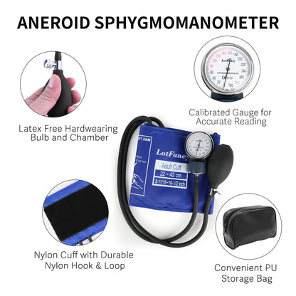 LotFancy Manual Aneroid Sphygmomanometer, Professional Manual Blood Pressure Monitor, 8.7''-16.5'', Adult & Pediatric Child BP Cuff, with Zipper Case, Blue