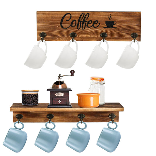 LotFancy Coffee Cup Holder, Wall Mounted Mug Rack with 8 Sturdy Hooks, Coffee Bar Accessories Set for Coffee Station Organizer, Rustic Coffee Nook Décor