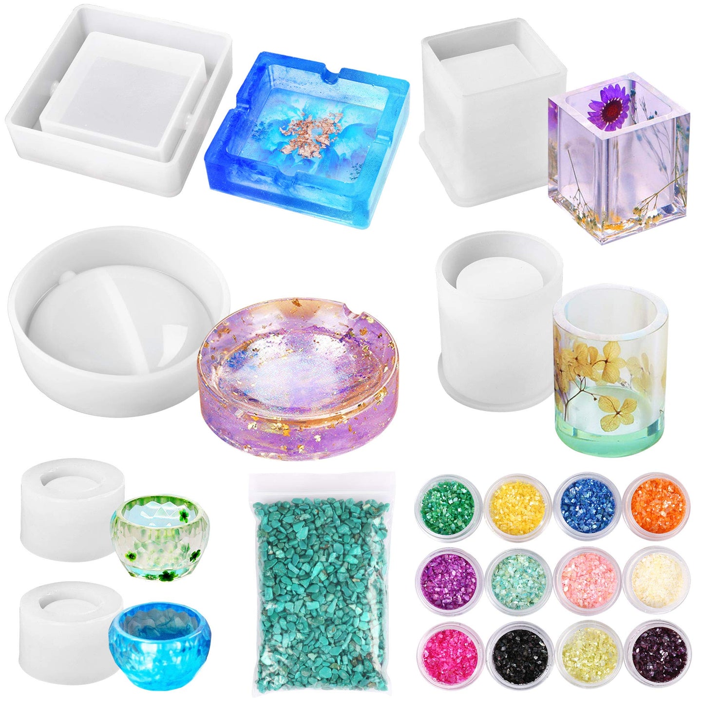 LotFancy Epoxy Resin Molds, Ashtray Molds for Resin Casting, DIY Art Silicone Plant Pot Pen Candle Holder Molds, with Artificial Stones, Glitter Sequins