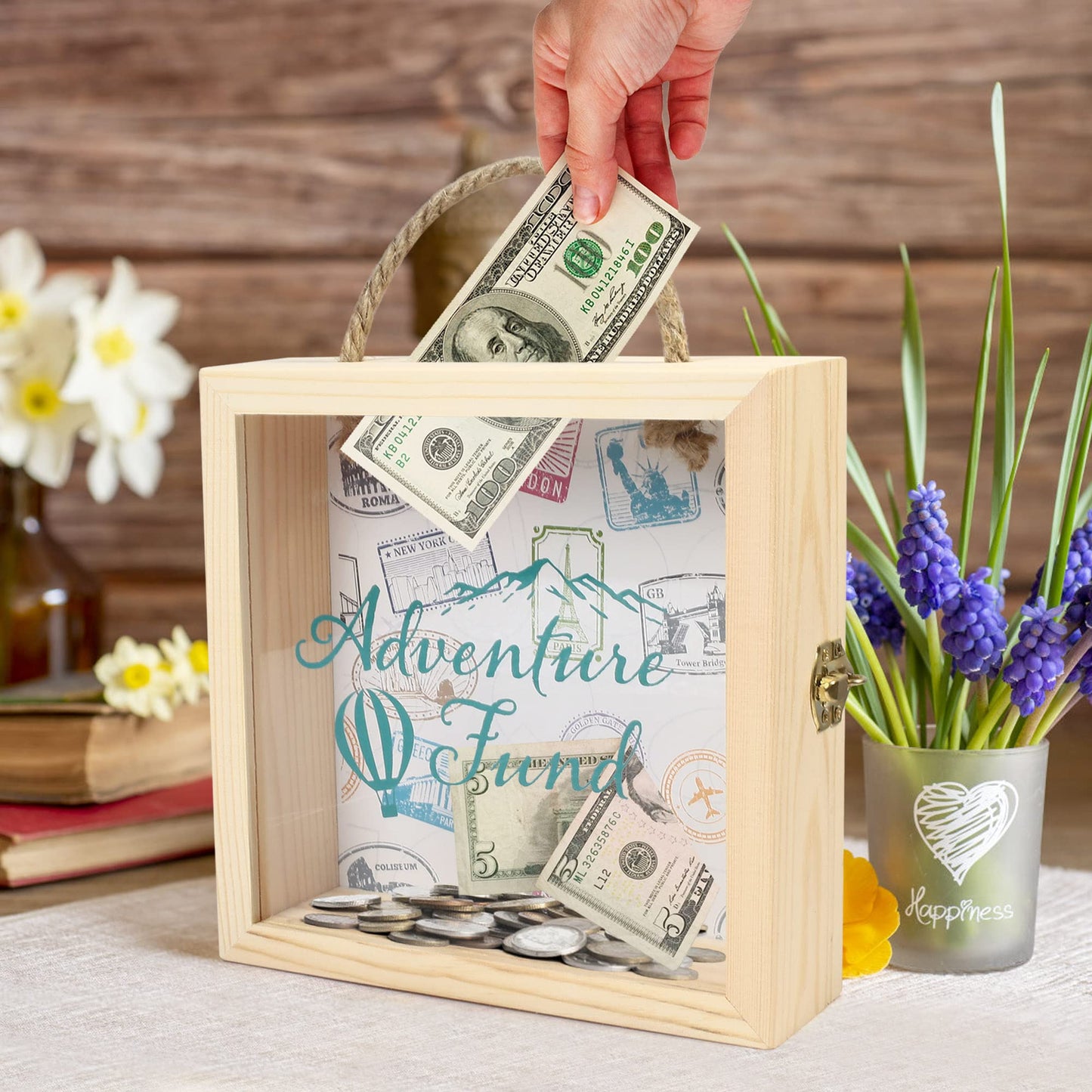 LotFancy Piggy Bank for Kids & Adults, Wooden Adventure Fund Money Bank, 8 x 8 x 2.25 inch, Decorative Shadow Box Saving Bank for Cash Coin Penny Change